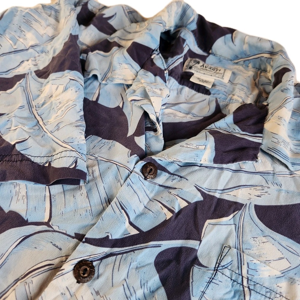 AVANTI Hawaiian Shirt Mens Large Blue Tropical Leaf 100% Silk Summer Beach